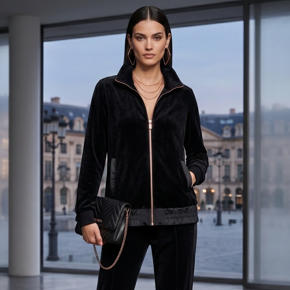 ESCADA SPORT Black Velour Track Jacket Large Rose Gold Zip High Neck Luxury